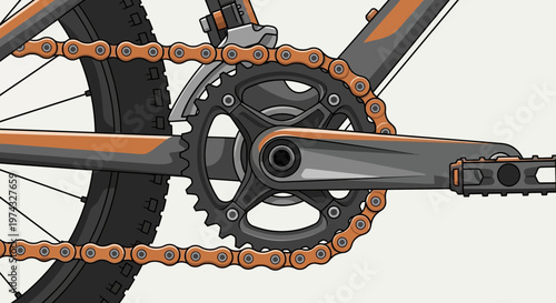 Close Up Bicycle Crankset And Chain Detail Vector Illustration