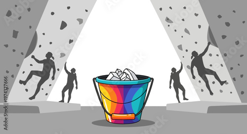 Climbing Walls And Colorful Bucket Of Chalk At Indoor Climbing Gym