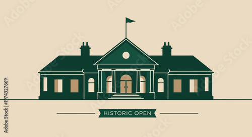 Classic Golf Clubhouse Illustration With Historic Open Banner