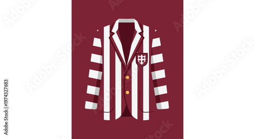 Classic Maroon And White Striped Blazer With Crest Minimalist Design