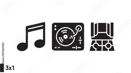 Music Note Icon Next to Vinyl Record Player and Equalizer on White Background For Audio Technology Concepts