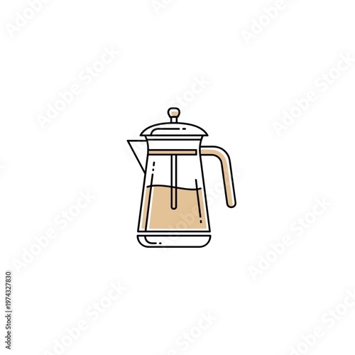 French press coffee maker with brewed coffee on white background  