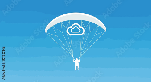 Cloud Computing Parachuter Descending Safely Onto Digital Horizon