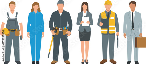 Minimalist flat illustration of six professional workers in different uniforms standing in row representing industries and business roles