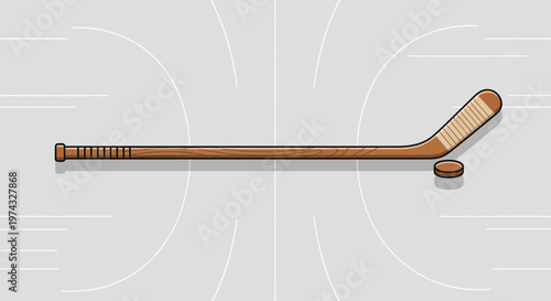 Classic Wooden Hockey Stick And Puck On Ice Illustration