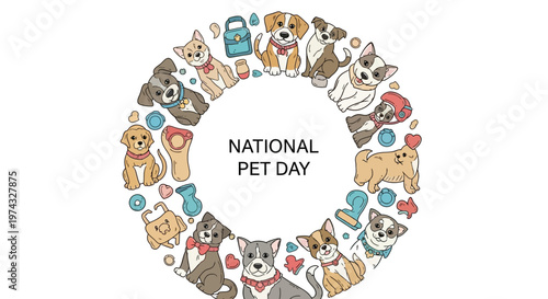 Celebrating national pet day, a circular vector illustration features diverse dog and cat breeds alongside pet care icons against a clean white background, conveying a pet appreciation day