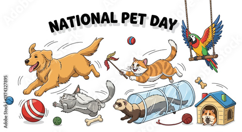 A playful vector illustration celebrates National Pet Day, showcasing a dynamic group of domestic animals—a golden retriever, cat, ferret, rabbit, and parrot—in action, set against a clean