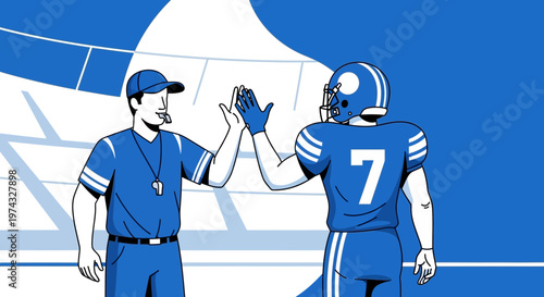 Coach And Player High Five On Football Field