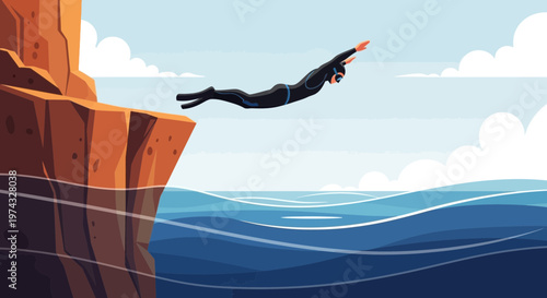 Cliff Diver Leaping Into Ocean Waters On A Sunny Day Adventure