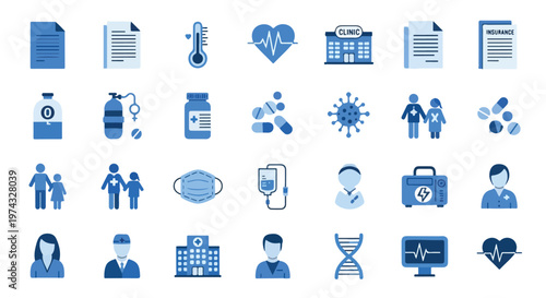 This image presents a collection of thirty-two medical and healthcare icons in blue, including doctors, clinics, medications, and equipment.