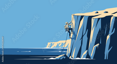 Coastal Cliff Climber Ascending Steep Rock Face With Ocean Backdrop