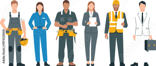 Minimalist flat illustration of six professional workers in different uniforms standing in row representing industries and business roles