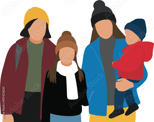 Clean vector illustration of family group wearing winter jackets hats and scarves with child in arms in simple minimal style