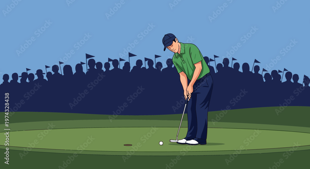 Obraz premium Concentrated Golfer Puts On Green Surrounded By Spectator Silhouettes