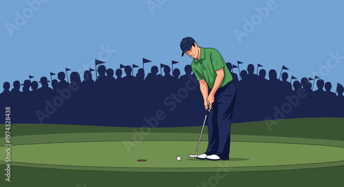Concentrated Golfer Puts On Green Surrounded By Spectator Silhouettes