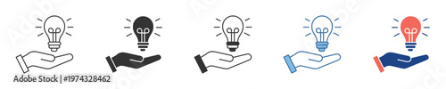 Hand holding a glowing light bulb icon representing a brilliant idea, innovation, solution, or creative thinking for various business and design concepts