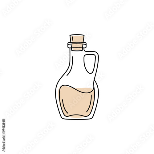 Glass bottle filled with light-colored liquid and cork stopper  