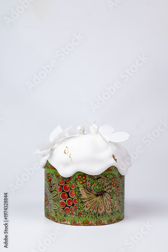 Easter Kulich with White Glaze and Orchid Flowers in Ornate Green Box