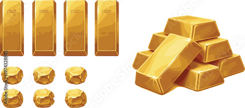 Vector Illustration of Gold Bars and Nuggets with Shiny Detailing on a Solid White Background for Commercial Use