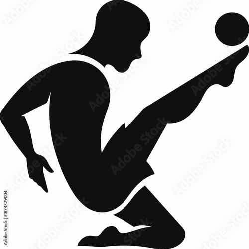 Soccer player silhouette performing freestyle tricks, football athlete juggling ball with foot, black vector icon for sports competition branding