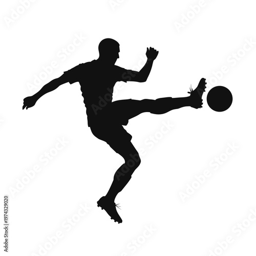 Soccer player silhouette kicking ball, professional football athlete in action pose, black vector graphic on white background, sports competition icon