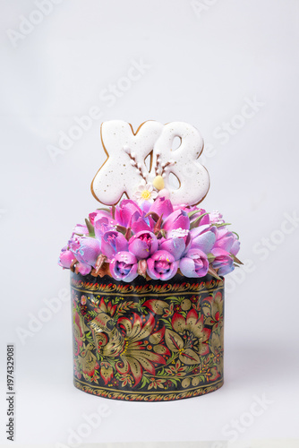 Easter Kulich in Decorated Tin Can with Purple Tulips and Gingerbread XB - Festive Composition