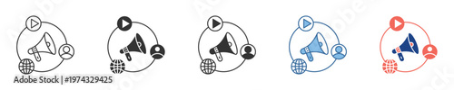 Dynamic vector icon collection showcasing digital promotion, featuring megaphone announcements, video content, and social media engagement for effective marketing campaigns
