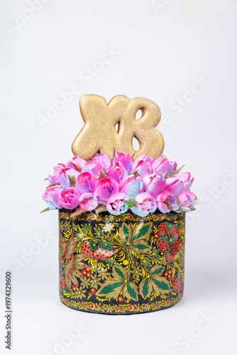 Easter Kulich in Decorative Box with Flowers and Golden XB Topper