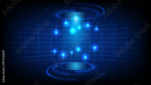 Digital communication concept featuring glowing light particles, blue HUD circles and a tech grid system