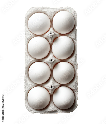 Top view of eggs in carton on white background, emphasizing order, minimalism, and food organization.