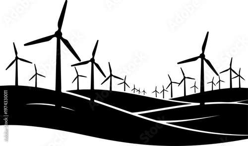 Wind turbines standing tall on a flat horizon silhouette vector illustration