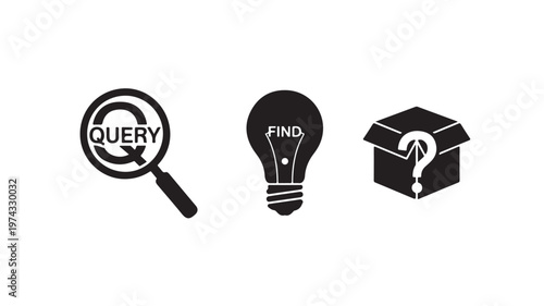 Black icons of magnifying glass with query, light bulb with find, and box with question mark on white background for problem solving and discovery concepts