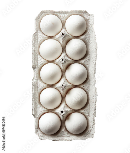 A carton of white eggs arranged neatly on a clean white background, highlighting freshness and simplicity.