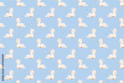 Repeating pattern of cute cartoon llamas with pink patches and hearts on a light blue background, playful seamless design perfect for wallpapers, textiles, and decorative prints