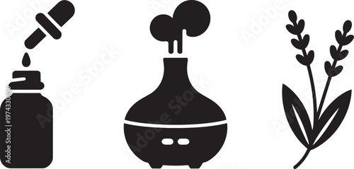 Aromatherapy diffuser, essential oil bottle, and lavender sprig vector icons in outline style