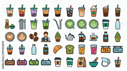 Collection of various boba tea coffee cups matcha latte art and cafe snacks flat vector icons on white background, symbolizing cafe menu branding, representing digital interface design
