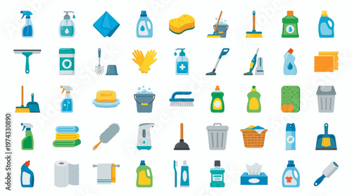 Large collection of colorful cleaning tools and detergent bottles icons set on a white background, illustrating professional housekeeping resources and representing domestic maintenance