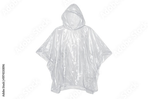 Transparent plastic hooded rain poncho protecting from elements
