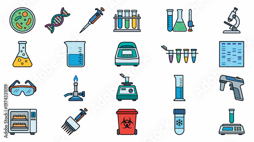 Diverse set of colorful laboratory equipment icons including microscope, flasks, DNA and pipettes on white background, Represents biotechnology research and illustrating clinical services