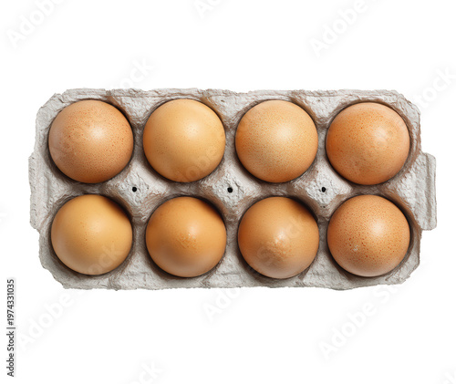 A carton filled with brown eggs on a white background, symbolizing farm produce and daily nutrition.