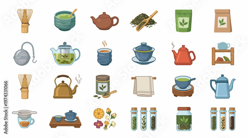 Collection of traditional tea preparation icons featuring matcha whisks, ceramic pots and green leaves, illustrating organic beverage menu design and representing healthy lifestyle wellness branding