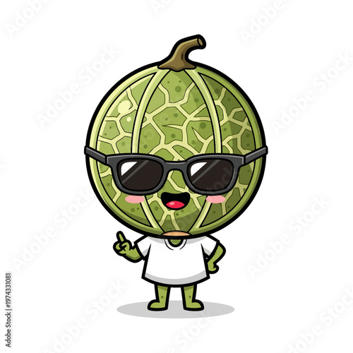 Cute chibi character with a green melon head wearing black sunglasses and a white t-shirt, anthropomorphic cantaloupe fruit mascot with a smiling face and pointing gesture, vector art