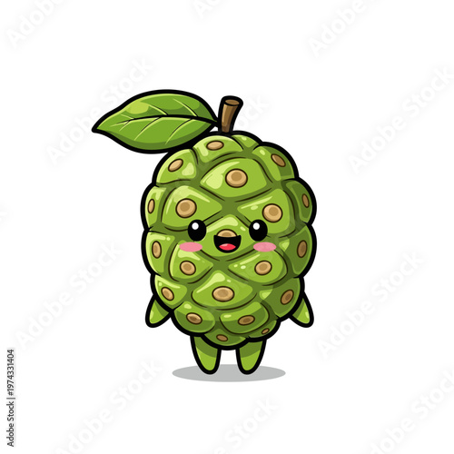 Cute chibi noni fruit character illustration with a smiling face, green bumpy skin texture, and a single green leaf on top, isolated on a white background for mascot or logo use.