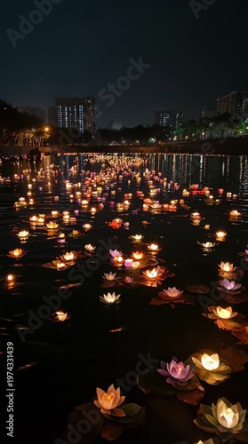 Floating flower lanterns on water during a night festival creating a warm and peaceful cultural celebration scene