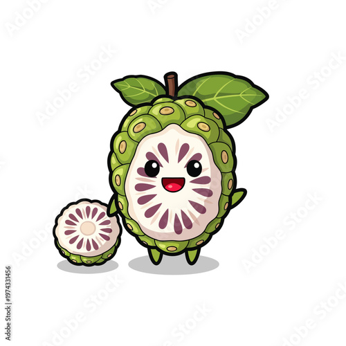 Vector illustration of a cute chibi noni fruit character with a happy expression, featuring a sliced cross-section showing white flesh and seeds, isolated on a white background.