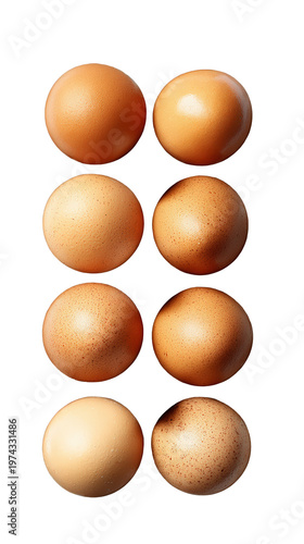 A neat arrangement of brown eggs on a white background, representing natural food, farming, and simplicity.