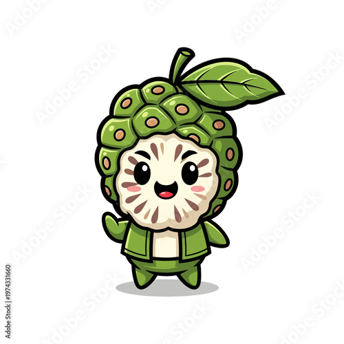 Vector illustration of a cute chibi noni fruit character with green bumpy texture, white face showing seeds, wearing a small green vest, isolated on white background mascot.