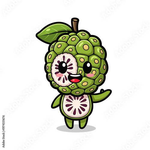 Vector illustration of a cute chibi noni fruit character with green textured skin, a smiling face, and a cross-section belly showing white flesh and seeds on a white background.