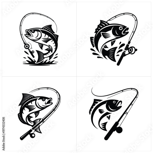 Black and white fish with fishing rods four panels