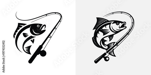 Black and white fish with fishing rods two fish